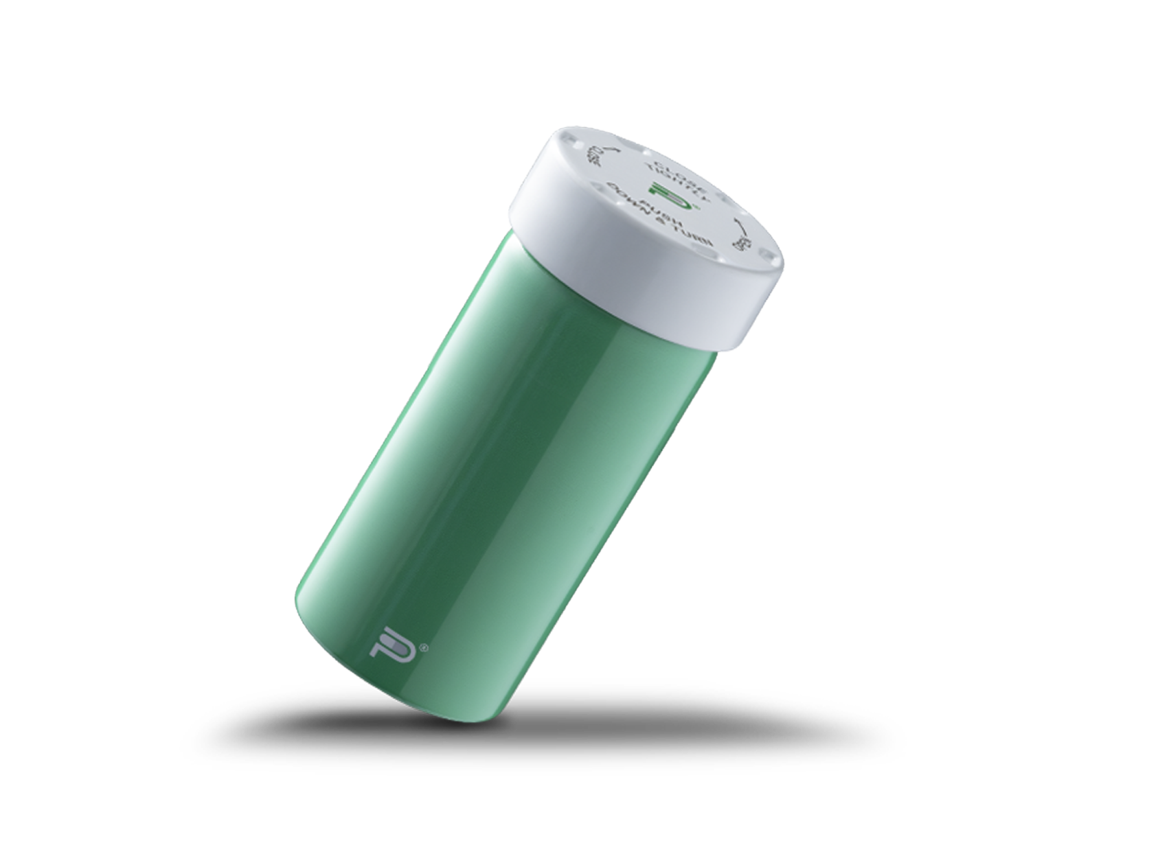 A green Pillumina aluminum pill bottle