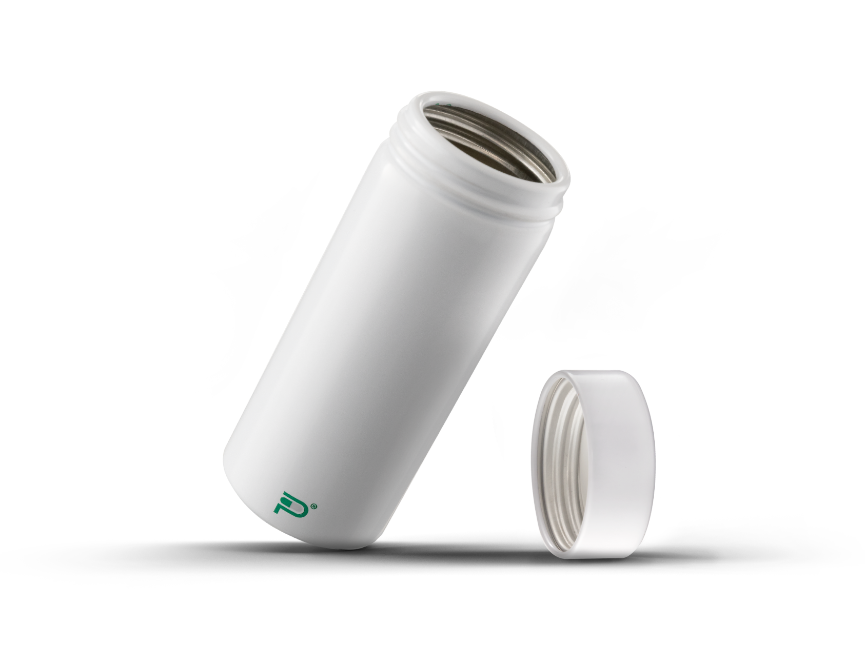 An open Pillumina aluminum pill bottle lying beside its cap